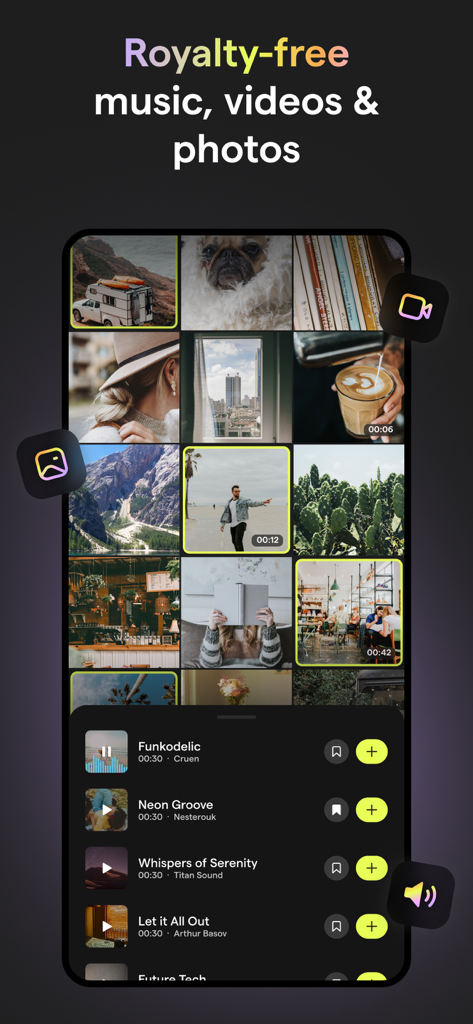 Mojo App-Oberfläche, die eine Auswahl an lizenzfreien Musikvideos und Fotos für die Erstellung von Social-Media-Inhalten zeigt