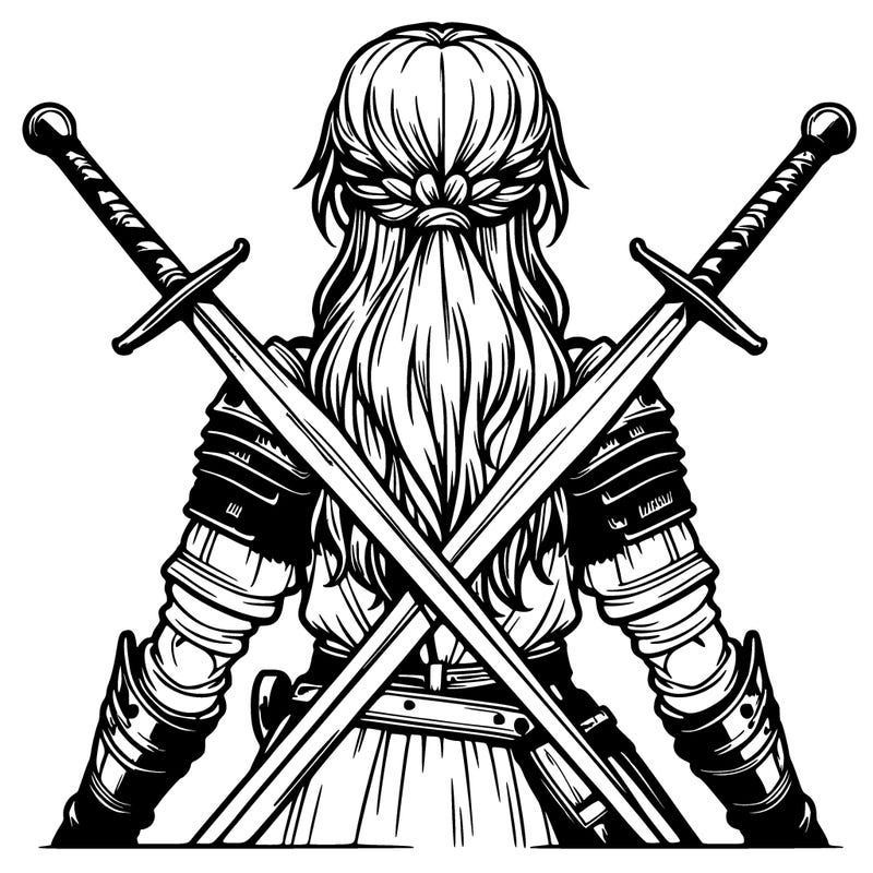 very realistic warrior girl with swords behind her back