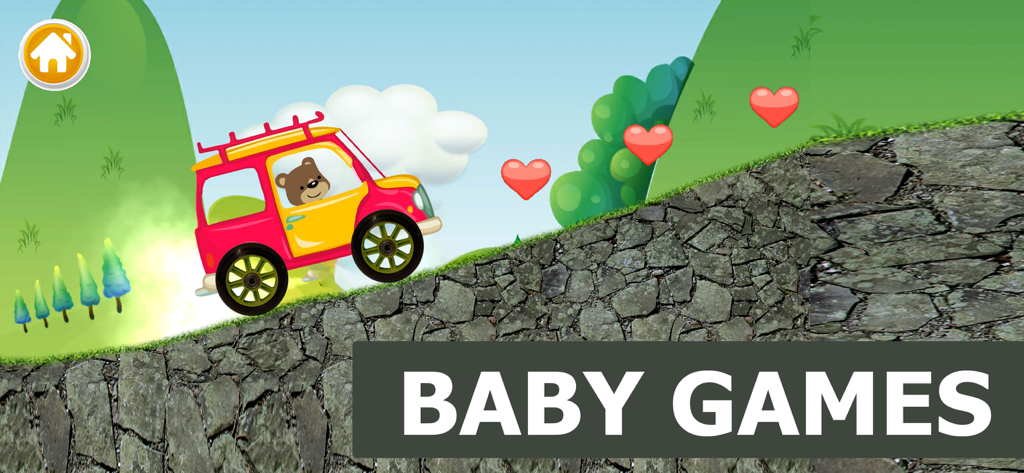 Car games for kids & toddlers. - 赤ちゃんゲームで、岩の多い丘をカラフルな車で運転している漫画のクマ