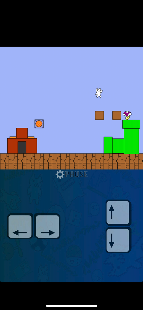 Syobon Action - Syobon Action mobile gameplay showing the cat character in an 8-bit level with on-screen touch controls