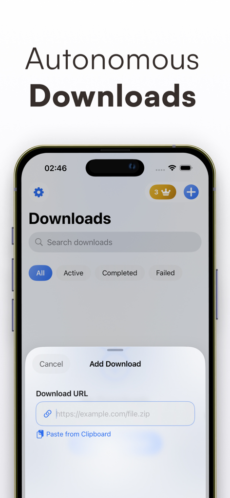 Download Manager: IDM AI - Screenshot der IDM AI Download Manager App, der den Bildschirm für autonome Downloads und die Benutzeroberfläche zum Hinzufügen von Download-URLs zeigt.