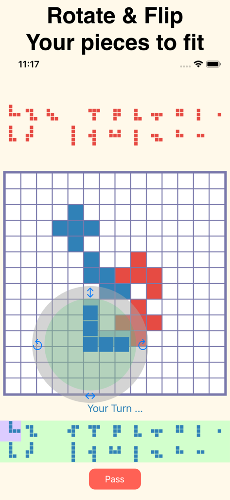 Blokus Online - Capture d'écran du gameplay de Blokus Online montrant comment faire pivoter et retourner les pièces sur le plateau.