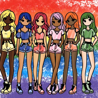 a group of girls wearing crop tops and shorts