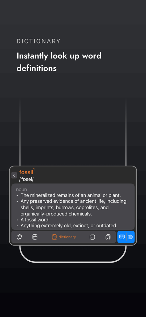 Interfaz del teclado móvil FlexiBoard mostrando la función de búsqueda de diccionario integrada con la definición de la palabra fósil