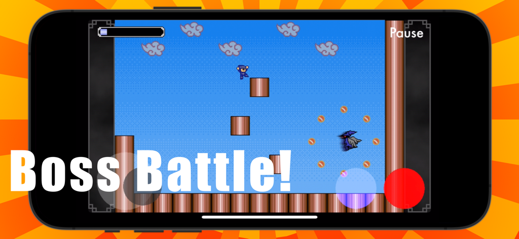 Un personaje ninja participa en una batalla contra un jefe dentro de un juego de plataformas retro 2D