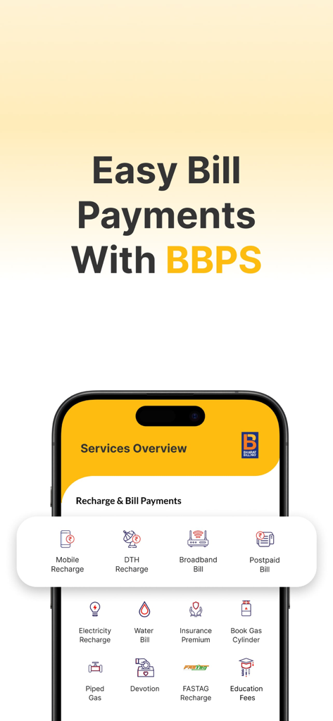 YPay: Card & Payments - YPay app screen displaying a variety of bill payment and recharge services including mobile and utility bills
