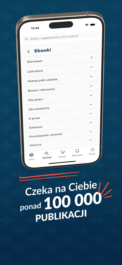 Smartphone screen displaying the Ebookpoint app ebook categories menu and a banner advertising over 100,000 publications.