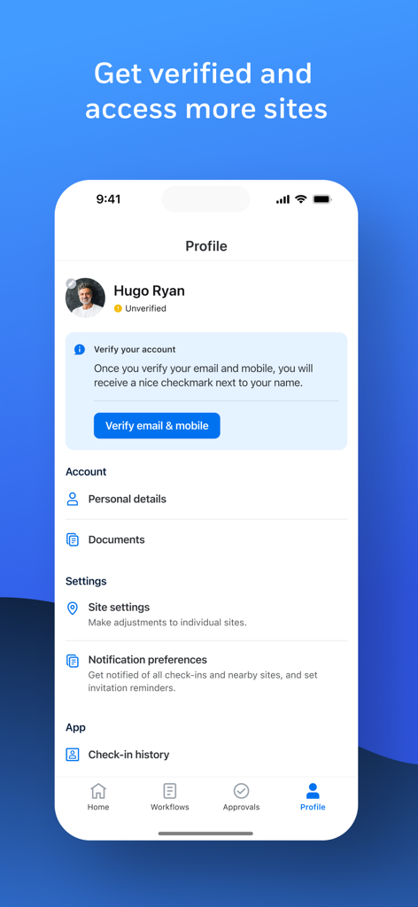 Sine Pro mobile app profile screen showing user verification and account settings