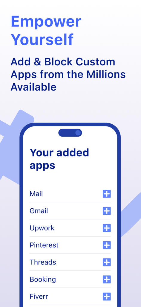 LetMeBe: Block Apps, IPs/Hosts - Screenshot of the LetMeBe app interface showing a list of apps like Gmail and Pinterest ready to be added for blocking to improve focus.