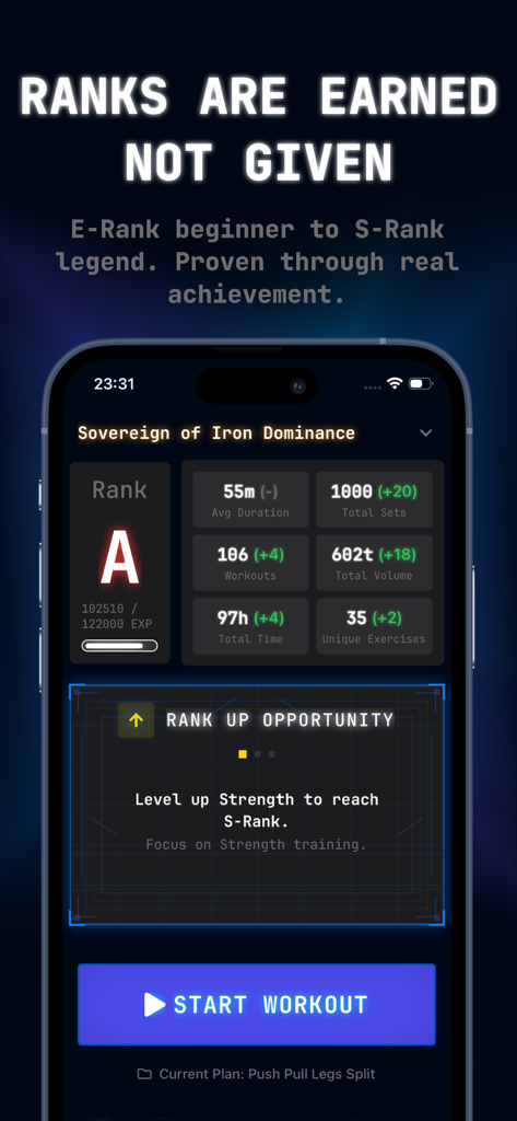 Ascend Gym Workout Tracker Log - Ascend workout tracker app showing user profile with Rank A and gym statistics for RPG style progression