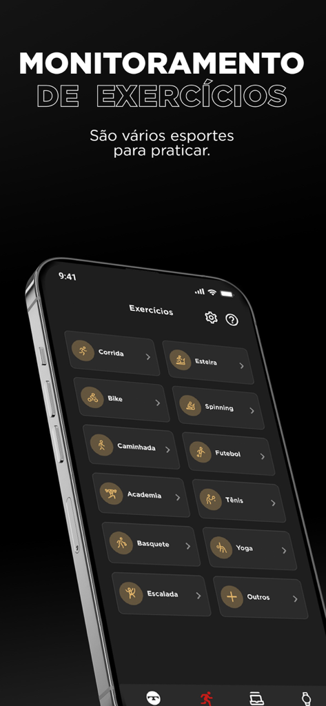 A smartphone screen showing the Technos Connect app exercise menu with options for running, cycling, gym, and yoga.