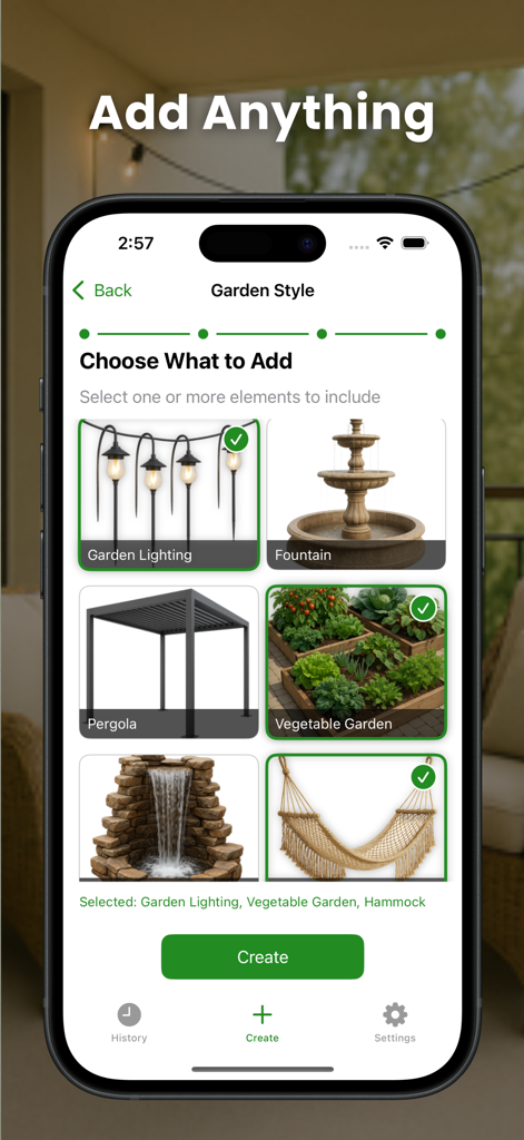 Oberfläche der AI Garden Design App, die eine Auswahl von Außenelementen wie Gartenbeleuchtung, Brunnen und Gemüsegärten zeigt, die zu einem Landschaftsplan hinzugefügt werden sollen.