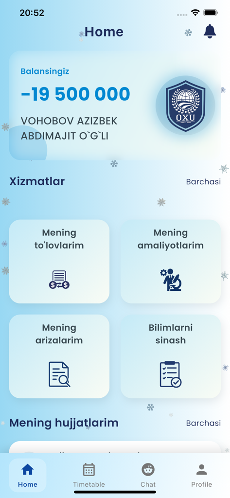 Tela inicial do aplicativo estudantil OXU exibindo o saldo da conta e serviços acadêmicos