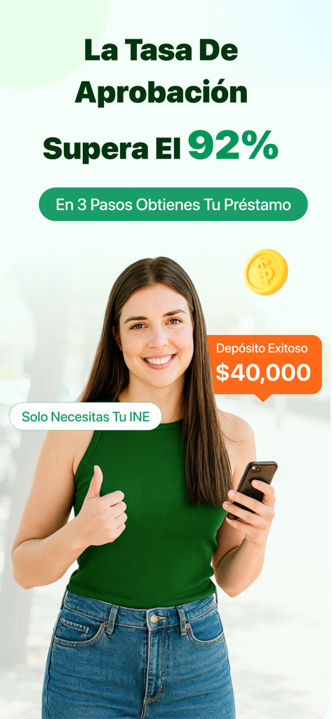 Coparfin Dinero - Woman smiling with a phone showing a high approval rate for a Coparfin Dinero loan