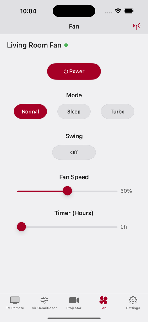 TCL Remote - TV Remote Control - Interface do aplicativo TCL Remote para controlar um ventilador inteligente com configurações de velocidade e modo