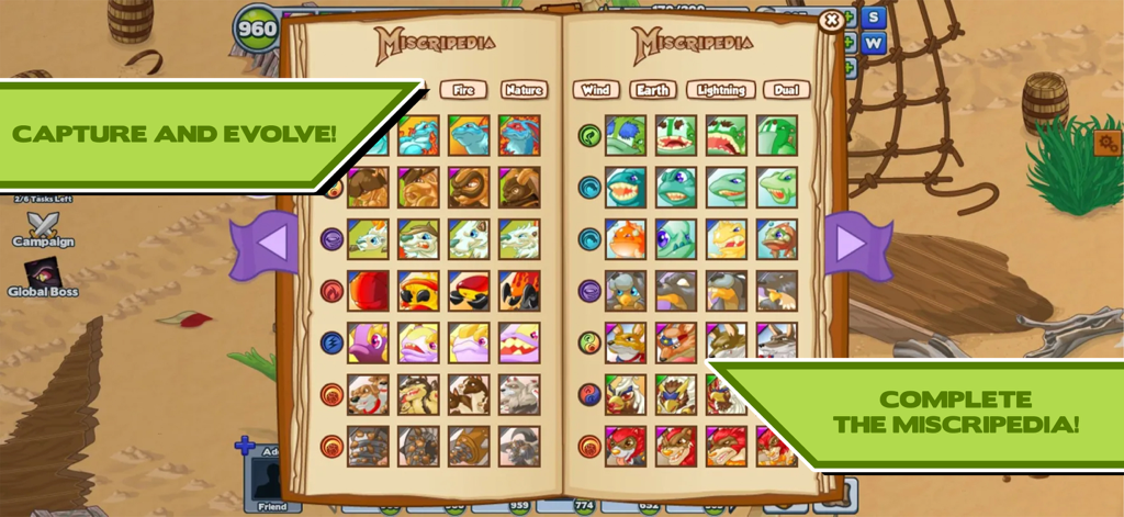 Miscrits - A screen from the Miscrits app showing the Miscripedia book with a collection of captured creatures organized by element types like fire and nature