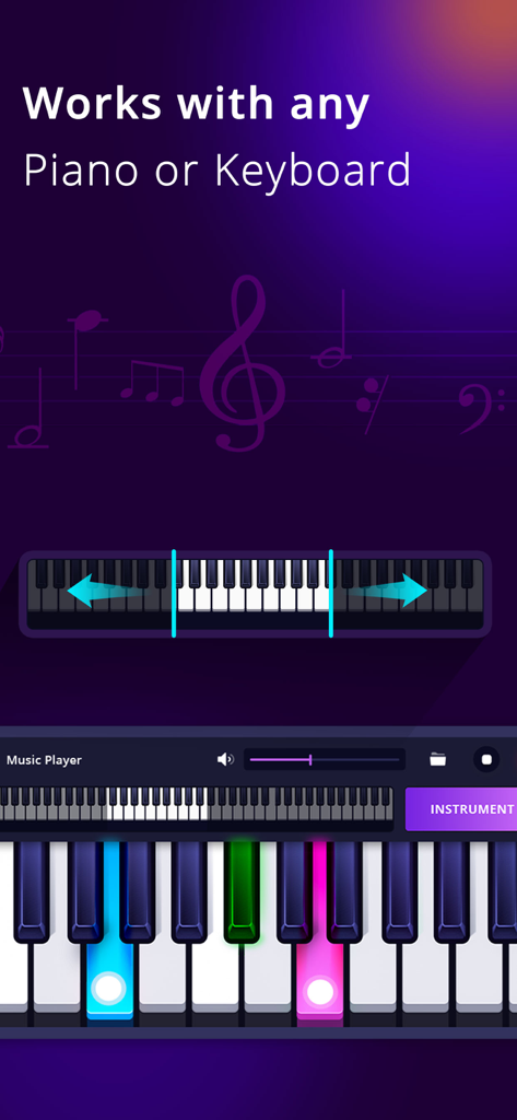 Virtuelle Klaviertastaturoberfläche mit bunten beleuchteten Tasten und Musikplayer-Steuerung