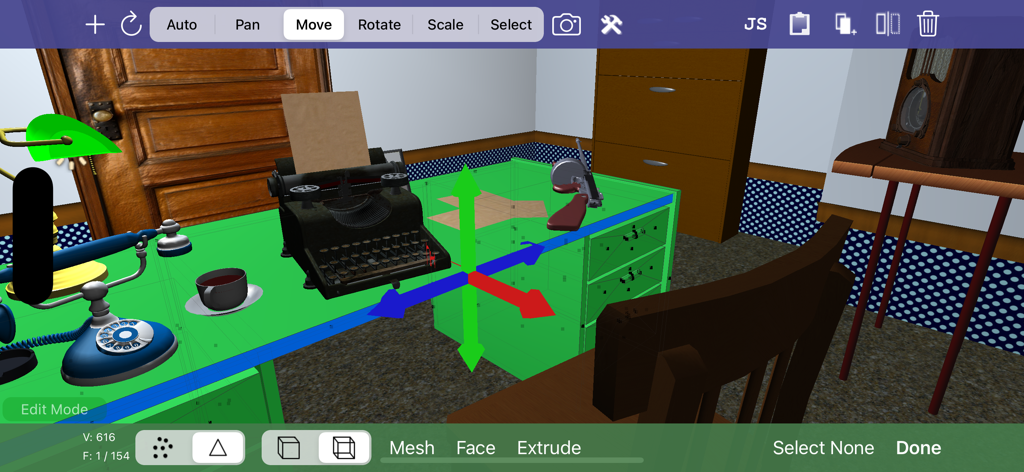 Verto Studio 3D - Verto Studio 3D app interface showing the editing of a 3D office scene with a typewriter and vintage phone on an iPad