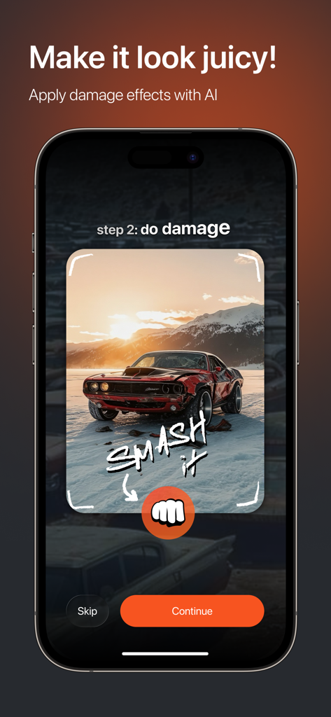 Mobile interface of carBREAK app showing AI damage effects on a red sports car