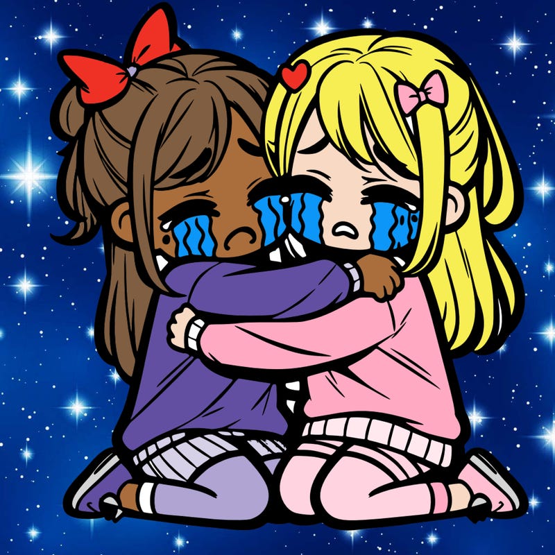 two girl best friends, hugging, and crying