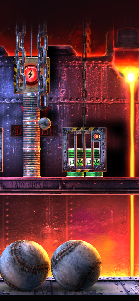 Captura de pantalla de jugabilidad de Can Knockdown 3 que muestra béisboles y latas apiladas en un entorno de fábrica industrial con metal fundido