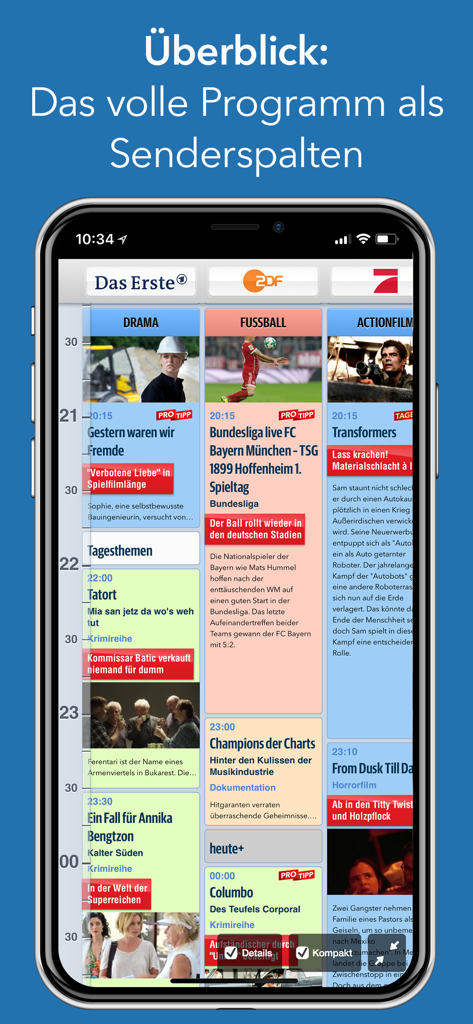 TV Pro Classic app showing a digital TV guide with columns for various German TV channels.