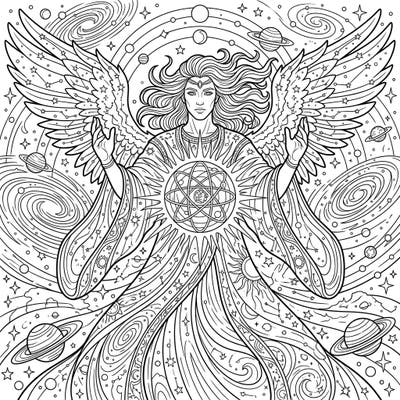 Journey to the stars with this breathtaking coloring page featuring a powerful celestial being from mythology. This intricate design showcases a divine figure adorned with wings, surrounded by swirling galaxies and shining cosmic wonders, ready for your creative touch.