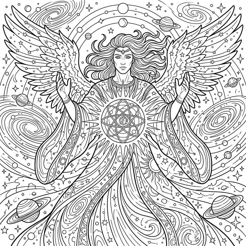 Journey to the stars with this breathtaking coloring page featuring a powerful celestial being from mythology. This intricate design showcases a divine figure adorned with wings, surrounded by swirling galaxies and shining cosmic wonders, ready for your creative touch.