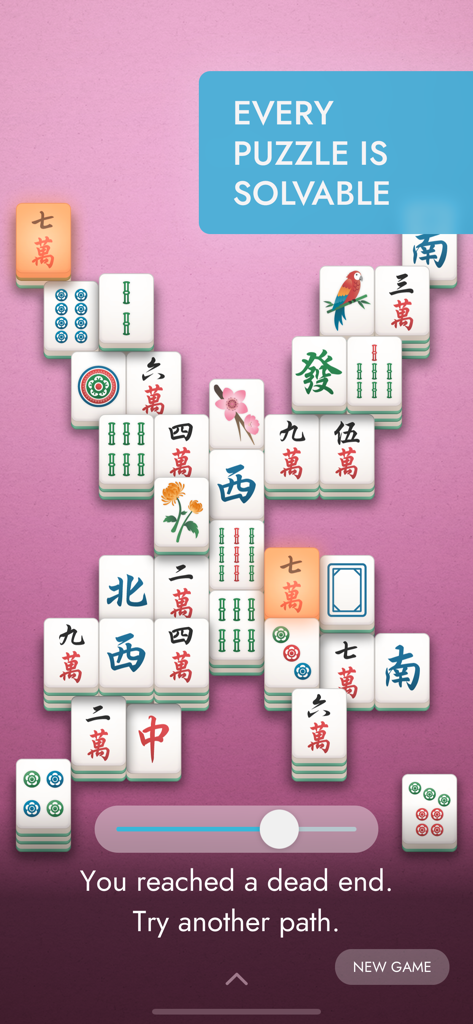 Jogabilidade de Mahjong mostrando um tabuleiro de correspondência de peças com um controle deslizante de desfazer e uma mensagem de que cada quebra-cabeça é solucionável.