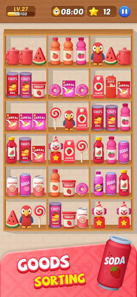 Goods Rush 3D Sort Puzzle gameplay screen showing colorful 3D snacks and items on a wooden shelf