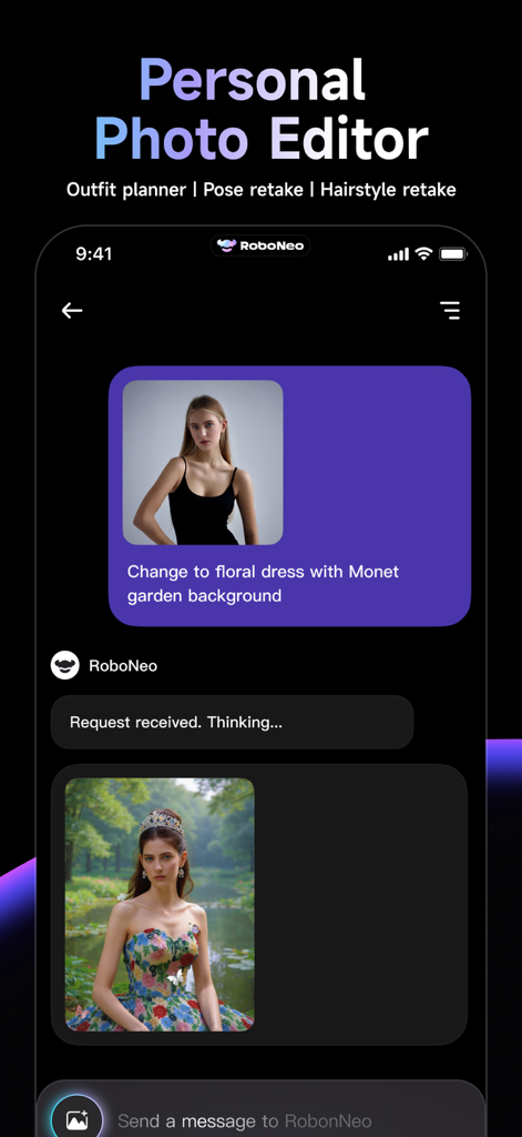 Interface do aplicativo RoboNeo mostrando edição de fotos com IA onde um usuário troca de roupa e fundo usando um prompt de texto