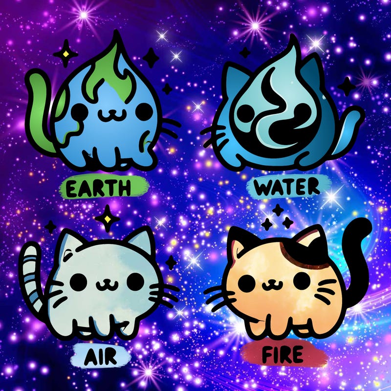 4 cats that represent the different elements, earth, water, air, and fire