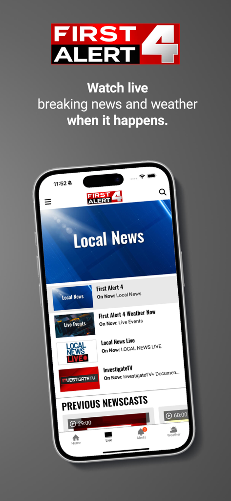 First Alert 4 - Smartphone screen displaying the First Alert 4 app with live news and weather updates for St. Louis