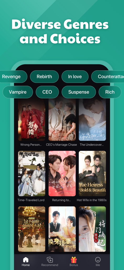 A mobile screen showing diverse short drama genres like revenge and CEO romance in the Crazy Popcorn app.