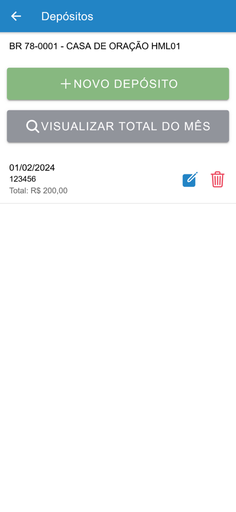Interface do App SIGA mostrando a lista de depósitos e botões para adicionar um novo depósito ou visualizar totais mensais.