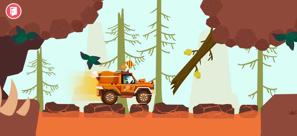 Dinosaur Guard Games for kids - Orange off-road vehicle driving through a prehistoric volcanic landscape