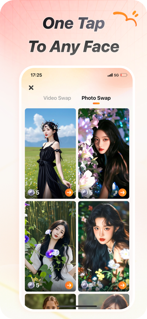 Facetix - Interface of the Facetix app showing multiple photo swap templates for AI face replacement