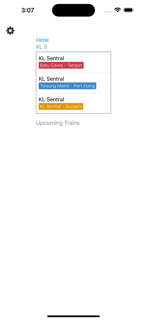 Station selection screen in the Komuter app showing search results for KL Sentral across different KTMB train lines