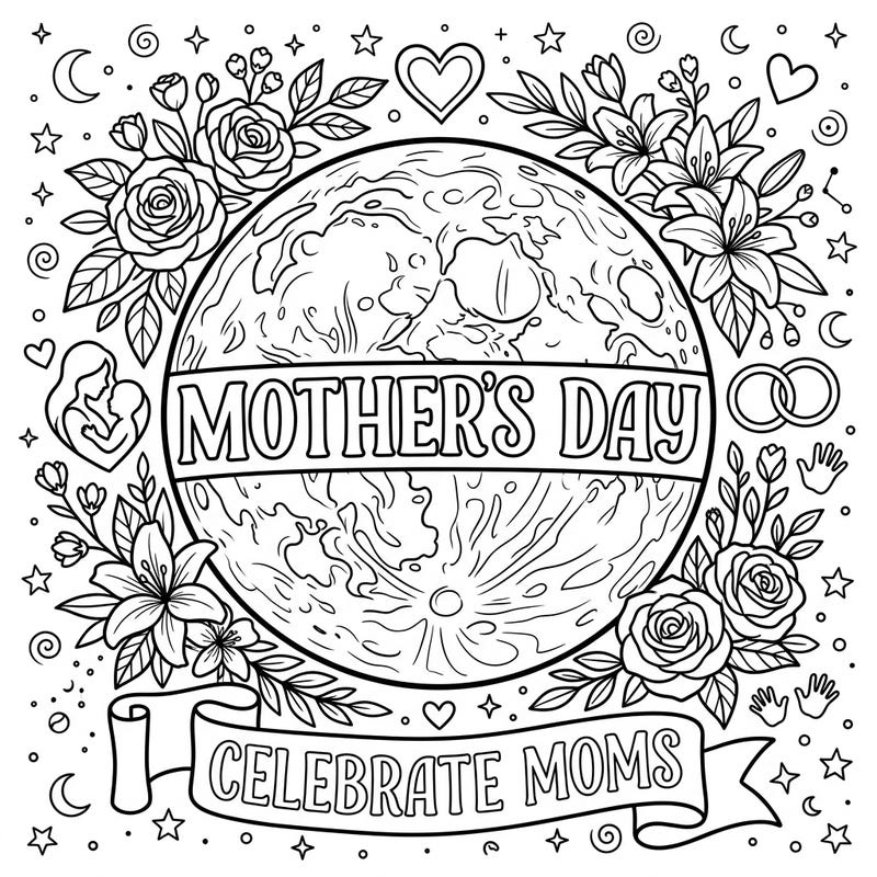 Discover a truly unique way to celebrate Mother's Day with this enchanting Blood Moon coloring page, beautifully intertwined with symbols of maternal love and floral elegance. It's a perfect artistic tribute to show appreciation for the special mothers in your life.