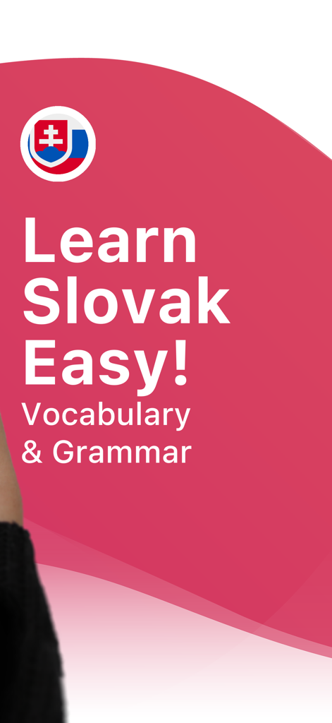 Interfaccia dell'app Impara lo slovacco facile con la bandiera slovacca e testo per vocabolario e grammatica