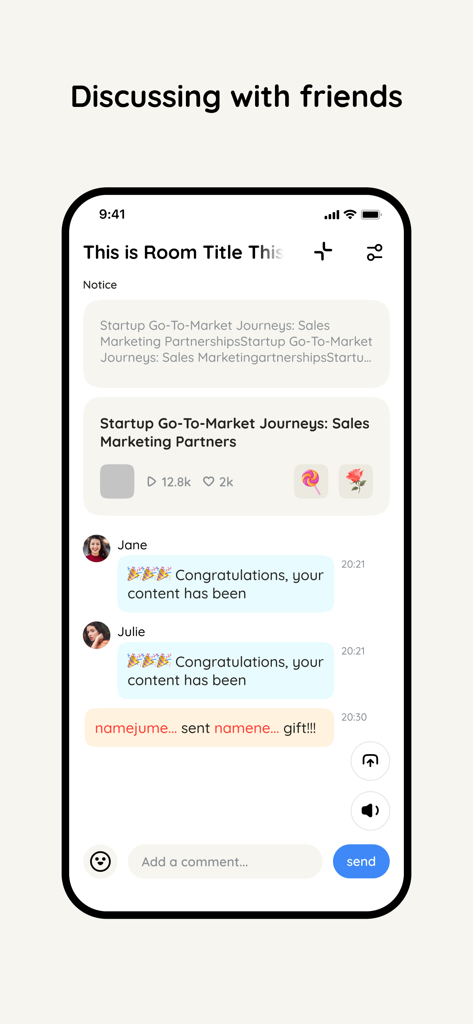 Lit Wavee: Audio Stories - Captura de pantalla de la interfaz de la aplicación Lit Wavee que muestra una sala de chat social para discutir historias de audio con amigos.