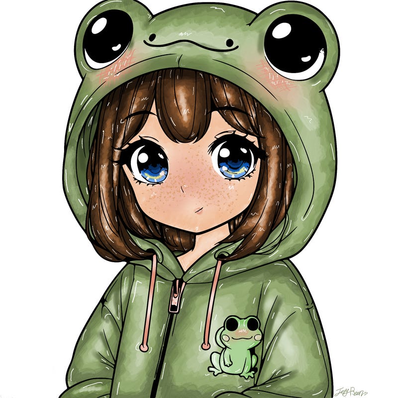 cute realistic girl in a froggy hoodie