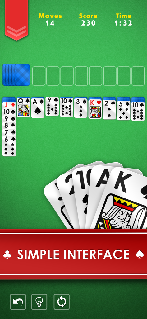 Spider Solitaire - Game - Pantalla del juego móvil Spider Solitaire que muestra pilas de cartas y una interfaz fácil de usar.