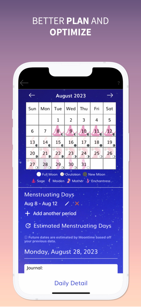 Vista de calendario de la aplicación My Moontime que muestra el seguimiento del ciclo menstrual integrado con las fases lunares y los arquetipos del ciclo