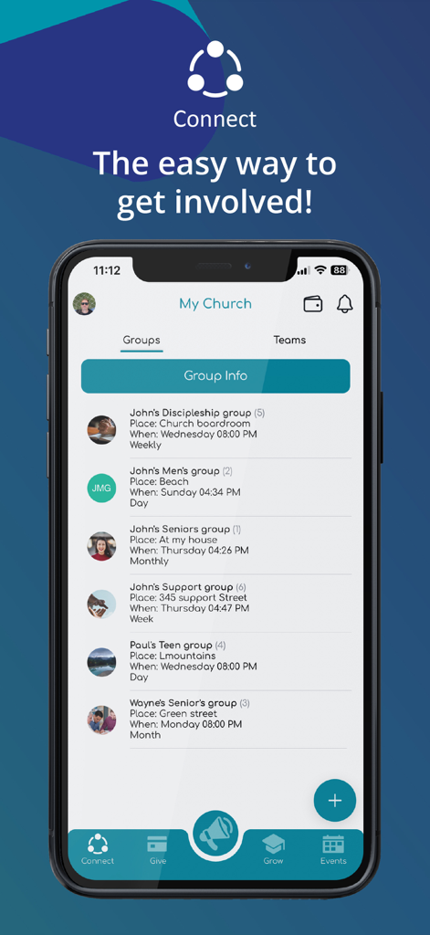 Avance - Avance app screen showing a list of church community groups including discipleship and support groups