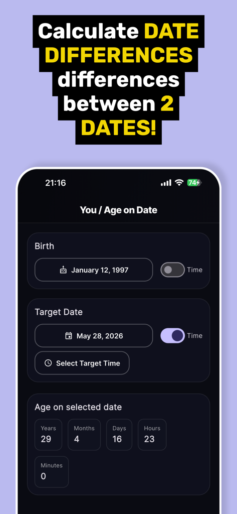 Chronological Age Calculator! - Interface do aplicativo móvel para calcular a idade exata entre duas datas específicas mostrando resultados em anos meses dias e minutos