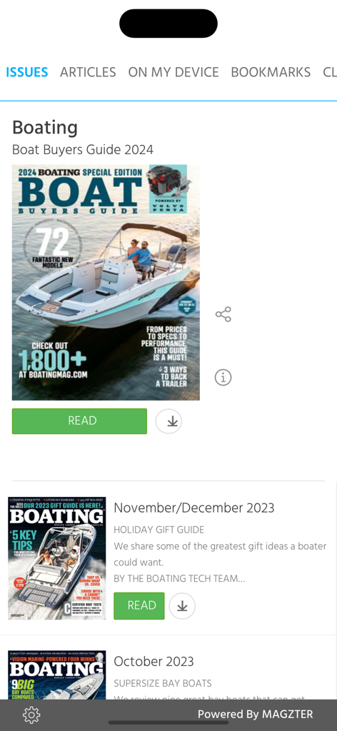 Boating (Magazine) - Ediciones digitales de la revista Boating en una interfaz de aplicación móvil mostrando varios números mensuales