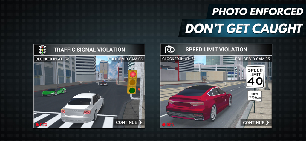 Driving Academy 2: 3D Car Game - Captura de pantalla de jugabilidad que muestra alertas de violación de semáforo y límite de velocidad en Academia de Conducción 2
