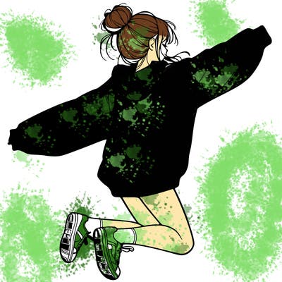 realistic girl jumping with a bun and oversized sweatshirt