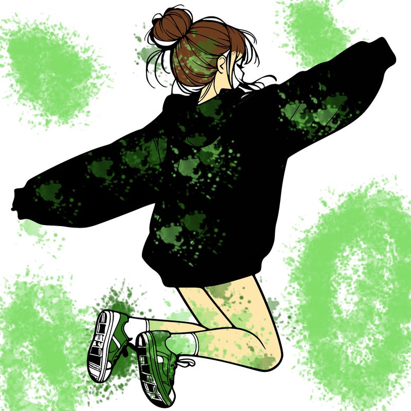 realistic girl jumping with a bun and oversized sweatshirt